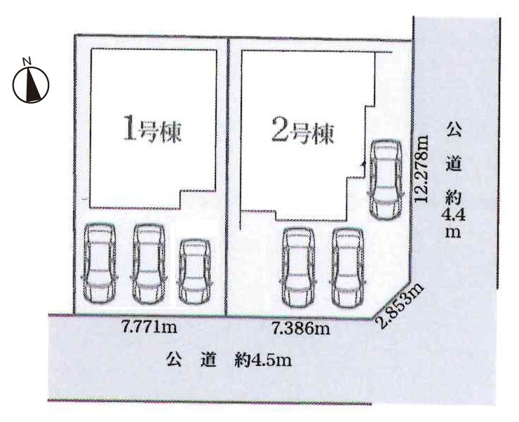 小牧市大字北外山　新築戸建　2号棟の区画図|駐車並列3台可能（車種による）