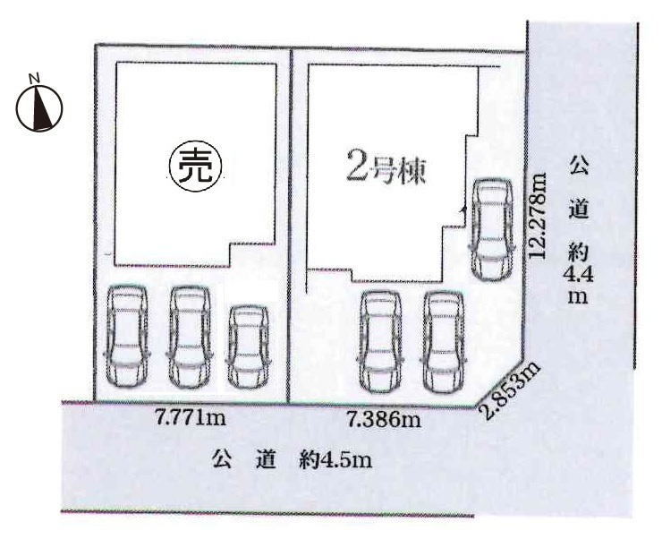 小牧市大字北外山　新築戸建　2号棟の区画図|駐車並列3台可能（車種による）