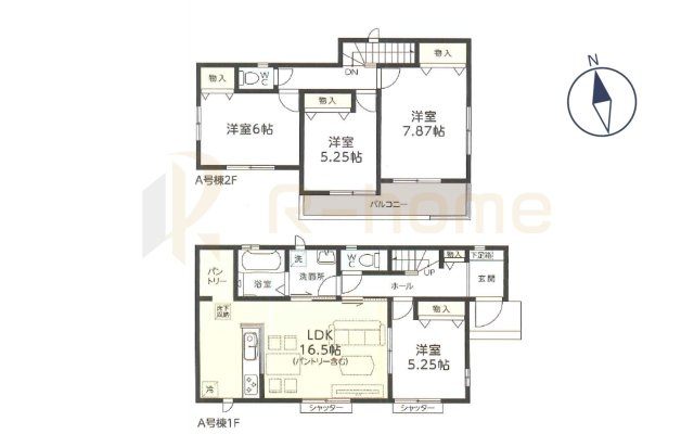 土浦市下高津3丁目　新築戸建て　A号棟の間取り|4LDK＋パントリー、土地面積176.62m2、建物面積97.50m2