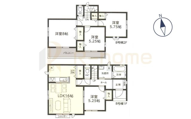 土浦市下高津3丁目　新築戸建て　B号棟の間取り|4LDK＋全居室収納、土地面積191.63m2、建物面積97.70m2