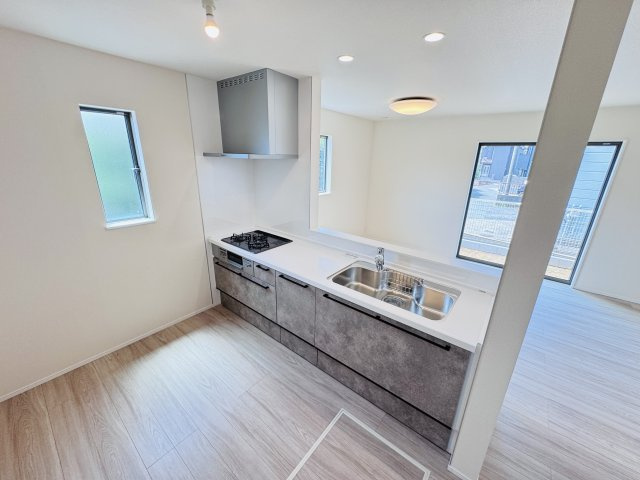 市川市大野町３丁目新築戸建のキッチン|お手入れしやすいレンジフード・シンクの水栓には浄水器がついてます！
