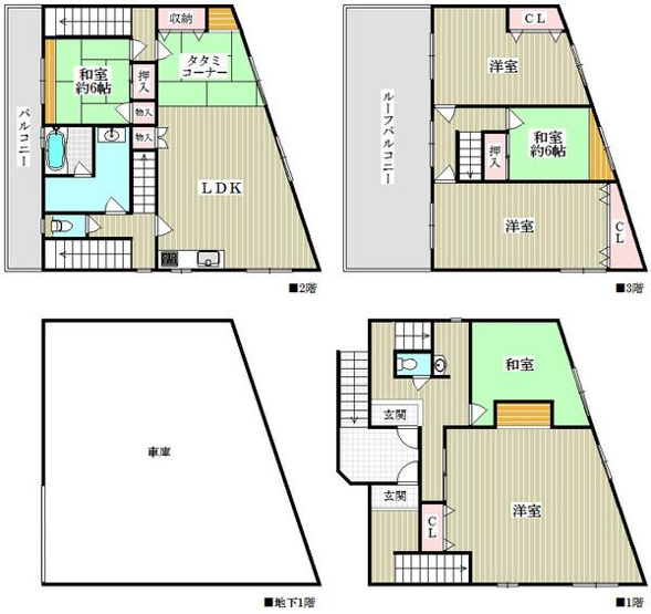 【間取り】 | 寝屋川市三井南町　中古戸建 | 6LDK・タタミコーナーつき。地下ガレージつきの物件です。