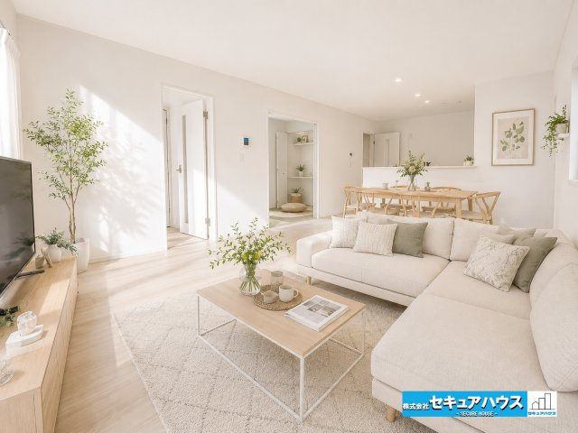 【今からご案内可能】東海市名和町　全2棟の居間・リビング|【リビングに家具を配置したイメージ図】
◆白基調の配色のため好きなテイストの雰囲気でリビングをつくることができます。
◆2面の窓から採光を取り入れ、明るいリビングになっております。　　　　　　　　　　