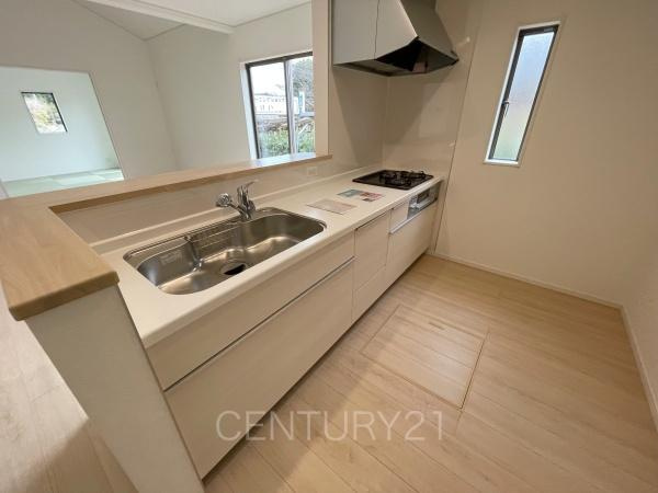 前橋市粕川町新屋第１２号棟のキッチン|シンクも大きく洗い物もしやすい浄水器付。シャワーヘッドは引き出し可能、シンクの隅々まで洗い流せます。