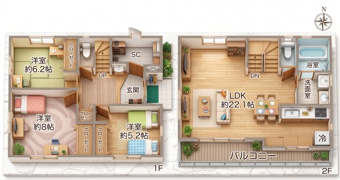 参考プランとなります。
※外構工事、地盤強化工事等は別途費用がかかります。
※上記プランは一例です、建築会社、プランは自由に決定できます。