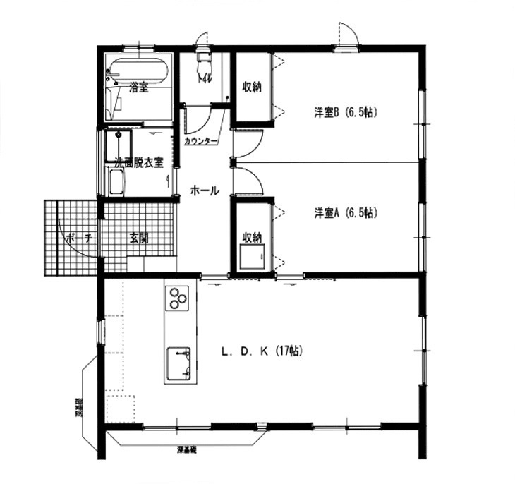 いわき市久之浜町エコタウン館の山３－１５。陽当たり良好！デザイナーズ平屋建売住宅１LDKの間取り|21.28坪1LDKの間取りですが洋室に仕切りを入れる事により2LDKに可変できます。間取りの変更などご相談ください。リビングは南面に広がる17帖の広さがあり明るいリビングとなっております。