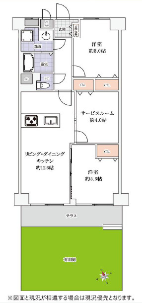 日商岩井第二春日部マンションの間取り|約36平米の広大な専用庭付きで、戸建て感覚の開放的な暮らしが叶います。室内はリノベーションで一新され、LDKはゆとりの12.6帖。憧れの日常をこの場所で。