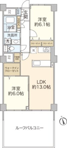 陽光降りそそぐ南西向きの住戸。全居室6.0帖以上のゆとりのある2ＬＤＫ。約30ｍ2のルーフバルコニーも魅力ひとつ。ＷＩＣ、横幅約2.4ｍクローゼット、可動棚収納など収納豊富で使い勝手の良い間取りです。