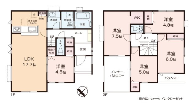 ふじみ野市元福岡１丁目の新築一戸建の間取り|42坪超の広い敷地に建つ大型5LDK新築一戸建て！
お車は並列で2台駐車可能でセカンドカーの出し入れも楽々です。
広いインナーバルコニーも魅力的♪
資料請求やご見学などお気軽にお問い合わせください。