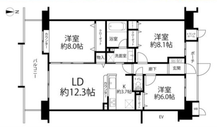 グランアージュ大宮の間取り|専有面積81.03平米のゆとりある3LDK。8畳の洋室を2部屋確保した、家族それぞれの個室もゆったり過ごせるプランです。ポーチやトランクルームなど、戸建感覚で使える便利な外部収納も備えています。