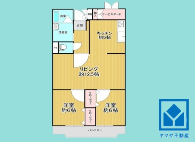 尼崎塚口西住宅の間取り|2LDK、専有面積71.71平米、バルコニー面積7.35平米、5階建て最上階。