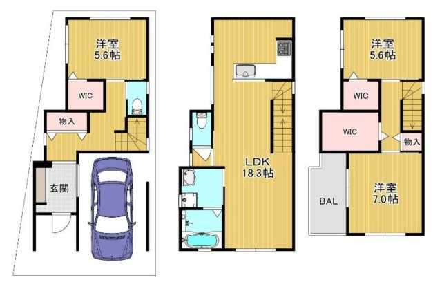 【間取り】 | 鶴見区緑３丁目新築戸建 | 新築戸建て　3LDK　土地面積：58.57㎡(公簿）　建物面積：112.77㎡　南向き
