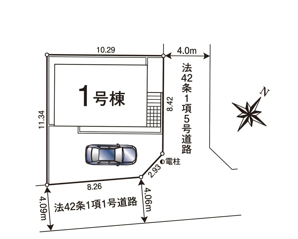 狭山市北入曽・全1棟　新築一戸建　～東南角地～の区画図|駐車1台可、日当たり・通風良好な東南角地です。