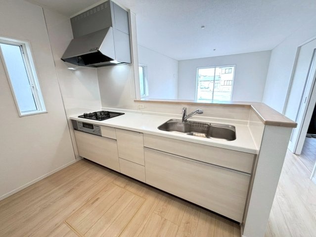 クワイエ　江南市大間町新町第1　全2区画分譲のキッチン|お手入れがラクなステンレスをワークスペース部分トップに使用した、機能的で美しいシステムキッチンです。
浄水器組込み水栓でシンクまわりがスッキリ広々お使いいただけます。フラットな造りでお掃除も楽々です。