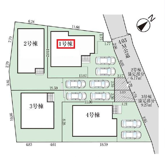 入間市小谷田2丁目・全4棟　新築一戸建　1号棟の区画図|【全4棟・1号棟】
並列駐車2台可能です。