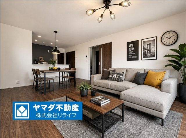 リーブルガーデン　各務原市那加前野町一丁目　全7区画分譲の居間・リビング|※家具はCGによるイメージ　明るい日差しをふんだんに取り込んだリビングダイニングは家族の笑顔につつまれた素敵な空間になります。
一建設の家は精度が高く丈夫な工法、「住宅トップランナー基準」に対応！