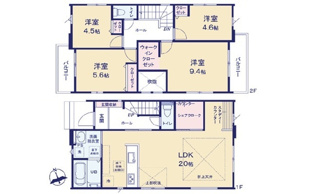 【間取り】 | 廿日市市物見西1（前空駅）全2区画　NO2 | 20帖の広々としたLDKには、スタディカウンターやシェアクロークを配置。2階には9.4帖の主寝室をはじめ全4居室を確保し、ウォークインクローゼットなど各所に豊富な収納を備えた、ゆとりある間取りです。