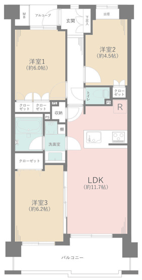 【間取り】 | アンビシャスパーク京王堀之内 | 3LDKは、リビングダイニングキッチンと3つの居室がある間取り。ファミリー層に非常に人気の高い間取りで、広々としたリビングで家族団らんを楽しみ、個室でプライベートな時間も確保できるのが大きな魅力です。