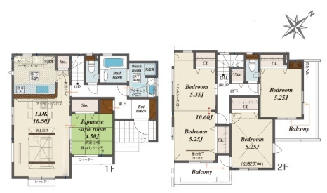 久喜市久喜東5丁目2期　全2棟　1号棟の間取り|16.5帖のLDKは折上天井で開放感を演出。将来2部屋に仕切れる可変型プランを採用し、家族構成の変化にも柔軟に対応可能です。全居室収納やキッチン背面のゆとりなど、生活動線に配慮した設計です。