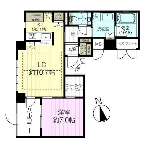 メープル御影山手セレヴィの間取り|専有面積約53.62㎡、バルコニー面積約5.58㎡、1LDK