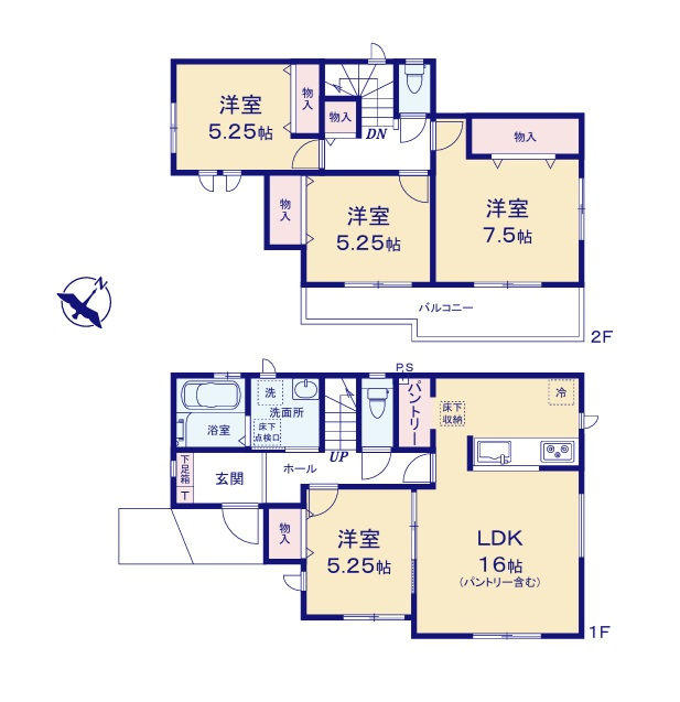 ハートフルタウン 　水戸市曙町1番37　Aの間取り|　
☆各部屋を最大限に広く使って頂けるよう、全居室に大容量の収納付き。人気のキッチンパントリーも配備！全室明るい南東向きです。1階洋室は2WAY出入り口で納戸にもテレワークにも◎