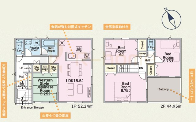 土浦市小松第7　新築戸建て　5号棟の間取り|4LDK＋全居室収納、土地面積190.26ｍ2、建物面積97.19ｍ2