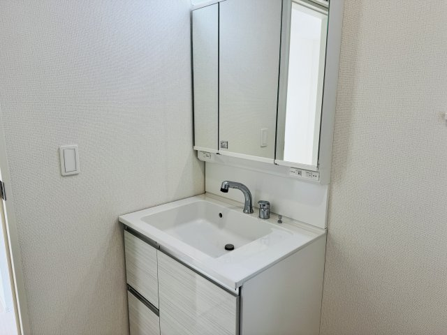 八王子市　川口町　新築一戸建て　２４ー６期の独立洗面台|～３面鏡付きの独立洗面台　細々している物をスッキリ収納出来ます～