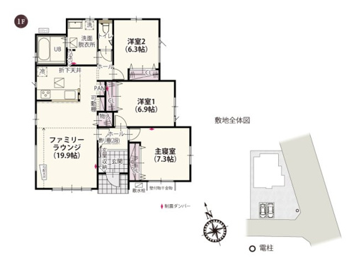 【間取り】 | 19.9帖のLDKはソファーなどの大きな家具を置けるゆとりの広さ♪4枚ガラスのワイドサッシは自然光をたっぷりとり込み、真ん中を開ければ出入りがしやすくなります！