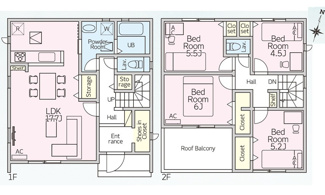 【間取り】 | 東広島市八本松飯田6丁目（全2区画）1号棟　 | 17.7畳の広々としたLDKに加え、全居室に収納を備えた4LDKの間取りです。2階には開放感のあるルーフバルコニーを配置。シューズインクローゼットや廊下収納など、生活動線に配慮した収納力が魅力です。