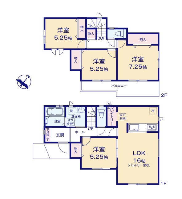 ハートフルタウン 　水戸市曙町1番37　Bの間取り|　
☆各部屋を最大限に広く使って頂けるよう、全居室に大容量の収納付き。人気のキッチンパントリーも配備！全室明るい南東向きです。1階洋室は2WAY出入り口で納戸にもテレワークにも◎