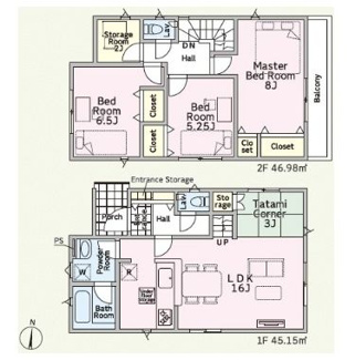 【間取り】 | 平塚市南原3丁目 全1棟 第11 | 東向き　２階建て　3LDK+S　全居室収納付き　畳コーナー　リビング階段