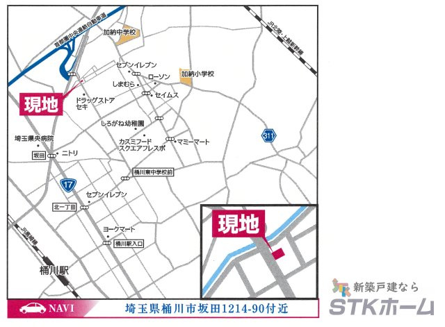 仲介手数料無料　桶川市坂田1214-90　新築戸建　全１棟の地図