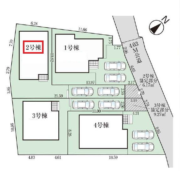 入間市小谷田2丁目・全4棟　新築一戸建　2号棟の区画図|【全4棟・2号棟】縦列駐車2台可能です。