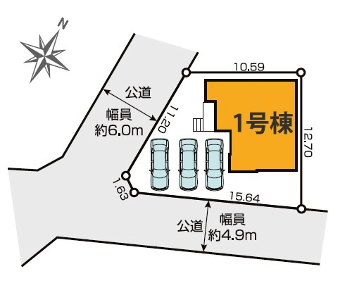 入間市宮寺・全1棟　新築一戸建　～LDK22.6帖～の区画図|開放感ある南西角地・土地面積165.63平米（約50.10坪）