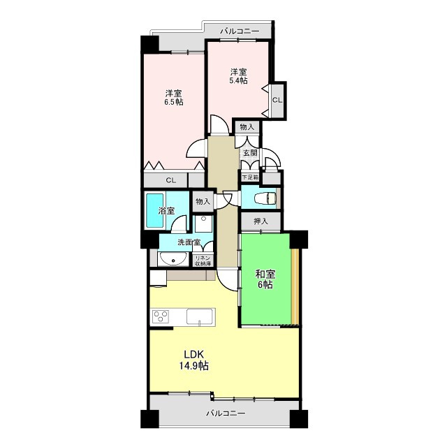 ジェネラスマンション城西の間取り|2面バルコニーで通風良好な3LDKです。