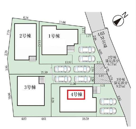 入間市小谷田2丁目・全4棟　新築一戸建　4号棟の区画図|【全4棟・4号棟】
並列駐車2台可能です。