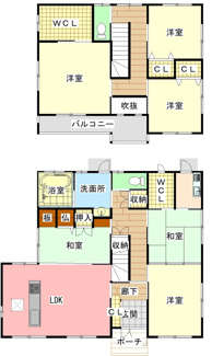 【間取り】 | 宇部市居能町1丁目 中古住宅 6LDK／2階建 | シンプルな動線を追求した6LDKの間取りとなっております。