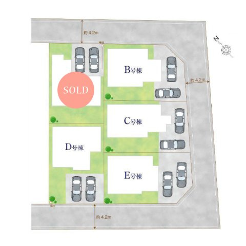 川越市中台元町１丁目の新築一戸建の区画図|全棟駐車スペース2台分！
セカンドカーも駐車できます。
隣家との間隔が大きく、陽当りも良好♪