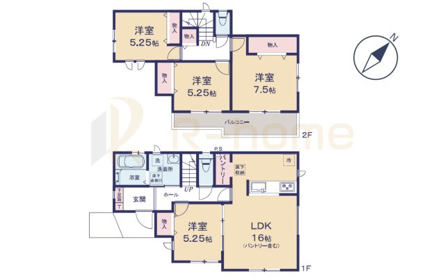 水戸市曙町　新築戸建て　A号棟の間取り|4LDK＋パントリー、土地面積135.40m2、建物面積96.25m2