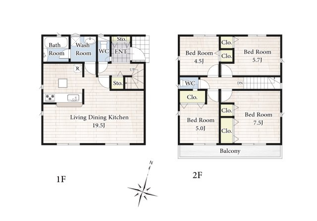 【外観】 | 【間取り図：2号棟】青く澄み渡った綺麗な空と、陽の光をたっぷりと受ける、そんな新築住宅で新生活をスタートしてみませんか？見学・ご相談等、ミライズホーム(株)までお気軽にご連絡下さい♪