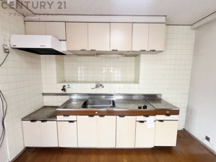 収納がたくさんついたキッチンスペース。調理器具や調味料の収納に便利です。