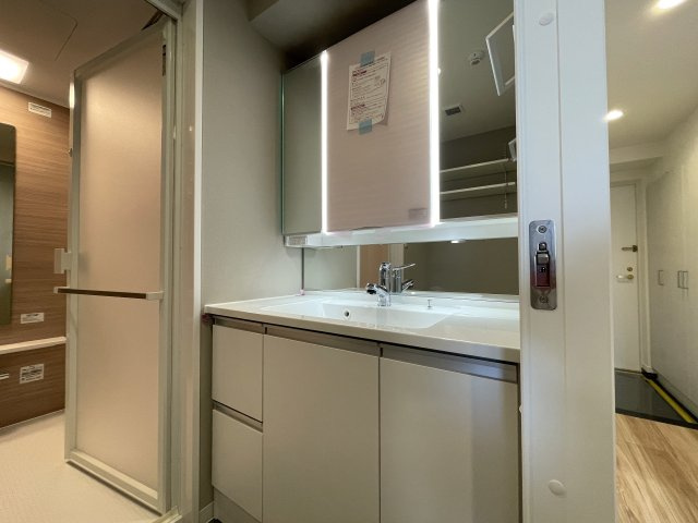 南向きの最上階は好きですか？えぇ、高所恐怖症以外の方は嫌いな人、いないはず。私もそう思う『サンライズ片倉』リノベーションの洗面所|スペースが確保できる洗面所です