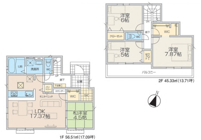 八王子市　弐分方町　新築一戸建て　５期の間取り|～南向き4LDK　収納豊富、陽当たりの良い間取りです～
