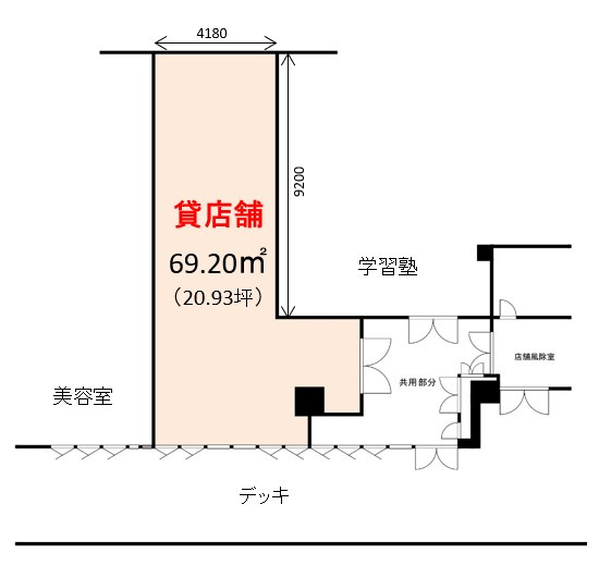 西宮名塩　貸店舗の間取り|西宮名塩駅前の貸店舗　69.20㎡　駅からデッキで直結