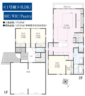 【間取り】 | 【仲介手数料無料！！】川崎市麻生区王禅寺東3丁目　新築戸建て（全2棟）1号棟　6280万円 | 1号棟　建物：137.87㎡（車庫36.22㎡含む）