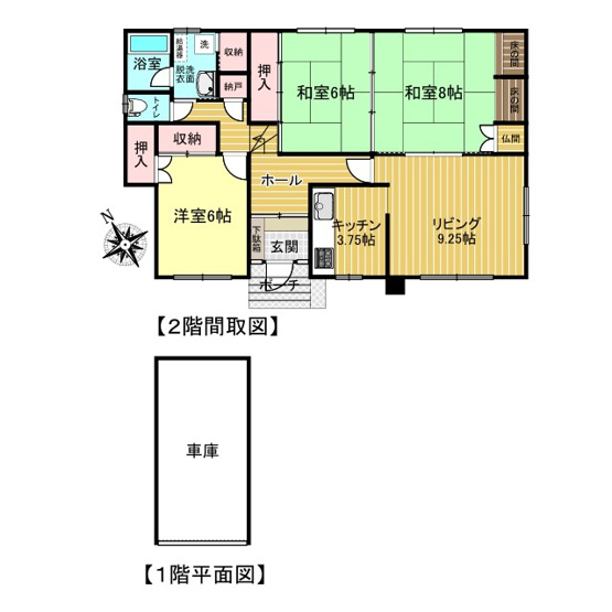 【間取り】 | 北見市寿町４丁目４番３号　中古売家 | 間取りは3LDKで2階リビング9.25帖、キッチン3.75帖と8帖和室と6帖和室、6帖洋室です。1階は車庫になってます。