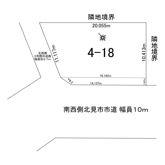 北見市寿町４丁目４番２１号　中古売家の区画図|区画図です。角地で、南西側公道前面道路は幅員10ｍで間口が14.137mあり北西側幅員約3.7ｍの私道に11.117ｍ接道しています。