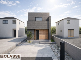 【完成予想図】 | 城陽市久世南垣内5号地　新築戸建 | 奥行きのあるアプローチが建物への期待感を演出。
駐車スペースと動線を分けることで、安全性と美しさを両立した外部空間に。