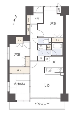 アルファステイツ梅ノ辻の間取り|南西角部屋、南面バルコニーの３ＬＤＫです。