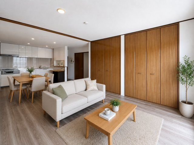 駅前ネオハイツ大和高田B棟１号館の居間・リビング|明るいLDK（画像の家具はAIによって作成したものです）